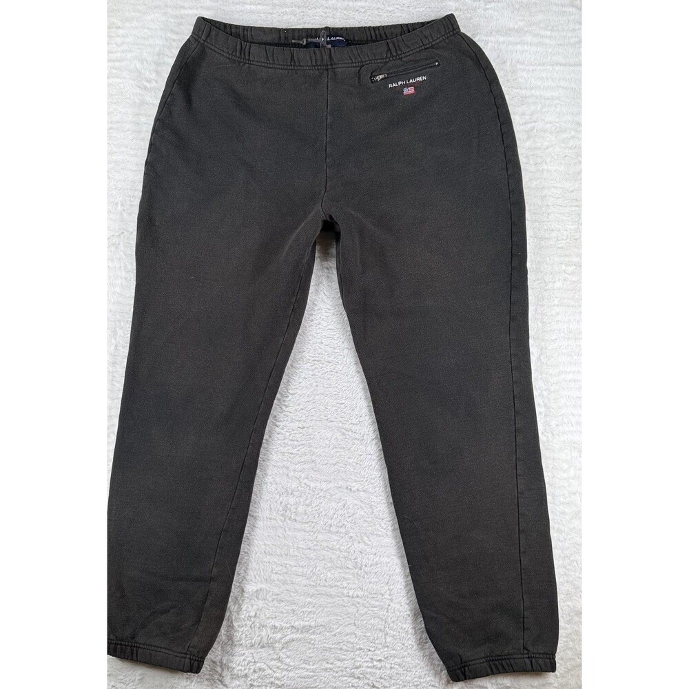 Vtg 1998 Ralph Lauren Sport Flag Fleece Sweatpants Joggers Black Mens S Womens M